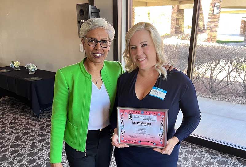 Wendi received the Soroptimist Ruby Award for Women helping Women; presented by Punam Mathur.