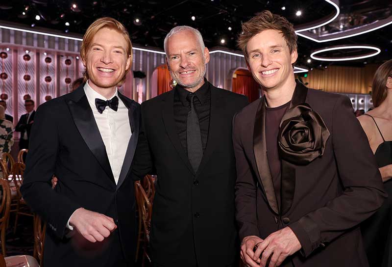 Domhnall Gleeson, Martin McDonagh and Eddie Redmayne during the 80th Annual Golden Globe Awards® - Photo by Chelsea Lauren for the HFPA