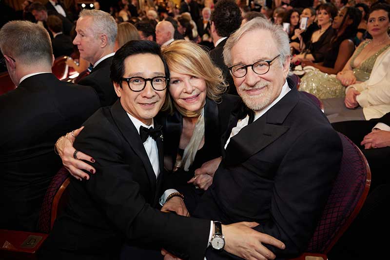 Oscar® nominees Ke Huy Quan and Steven Spielberg with Kate Capeshaw during the live ABC telecast of the 95th Oscars® at the Dolby® Theatre at Ovation Hollywood. Photo by Dana Pleasant.