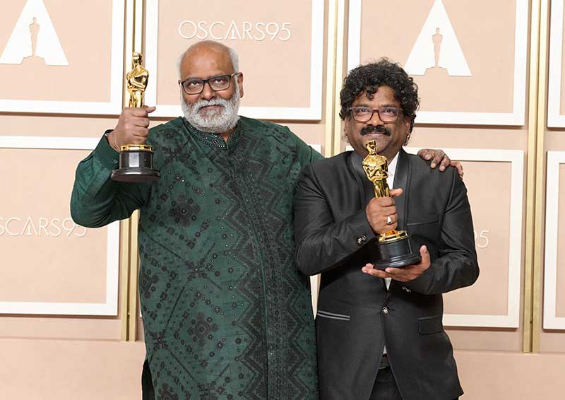 M.M. Keeravaani and Chandrabose pose backstage with the Oscar® for Original Song during the live ABC telecast of the 95th Oscars® at Dolby® Theatre at Ovation Hollywood on Sunday, March 12, 2023. Photo by Michael Yada.