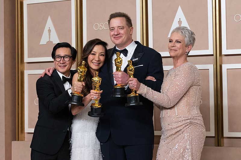 Ke Huy Quan with the Oscar® for Actor in a Supporting Role, Michelle Yeoh with the Oscar® for Actress in a Leading Role, Brendan Fraser with the Oscar® for Actor in a Leading Role and Jamie Lee Curtis with the Oscar® for Actress in a Supporting Role backstage during the live ABC telecast of the 95th Oscars® at Dolby® Theatre at Ovation Hollywood on Sunday, March 12, 2023. Photo by Michael Yada.