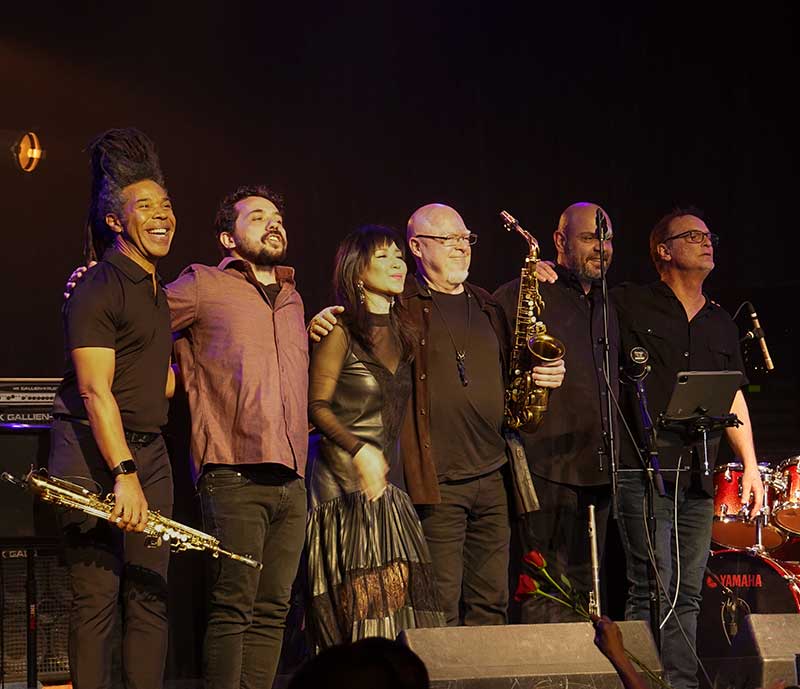 Paul Taylor, sax; Joao Pedro Mourao, guitar; Keiko Matsui, keys; Brandon Fields, sax; Rico Belled, bass; Dave Karasony, drums. Photo by Sheryl Aronson (Sasaphotos)