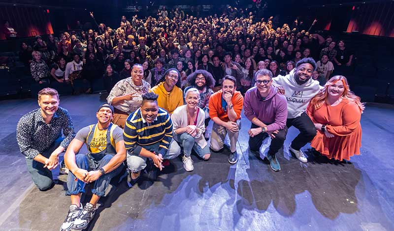 Theatre students with Hamilton star Lin-Manuel Miranda (orange hoodie)