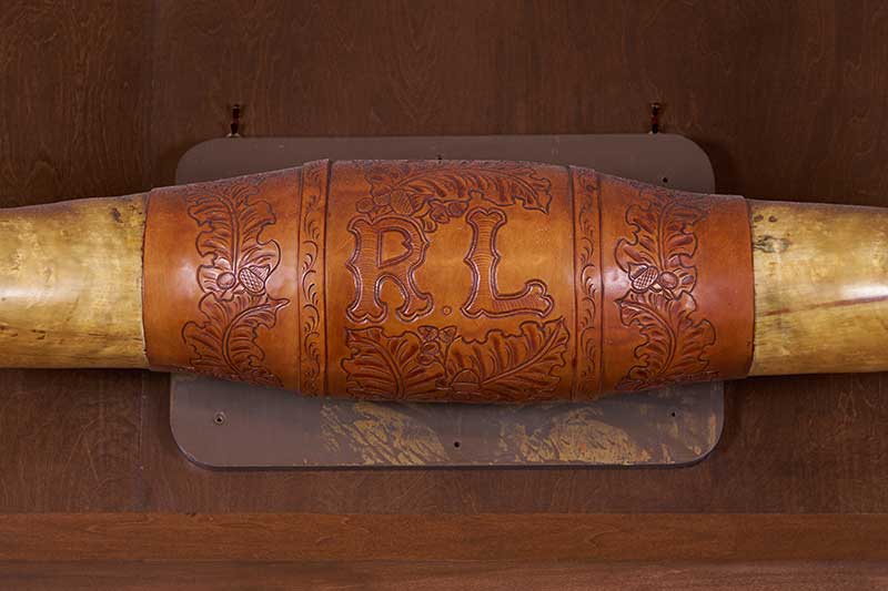 Mounted longhorn embossed with initials of Ralph “Cowboy Sheriff” Lamb. Photo by Cashman Photo