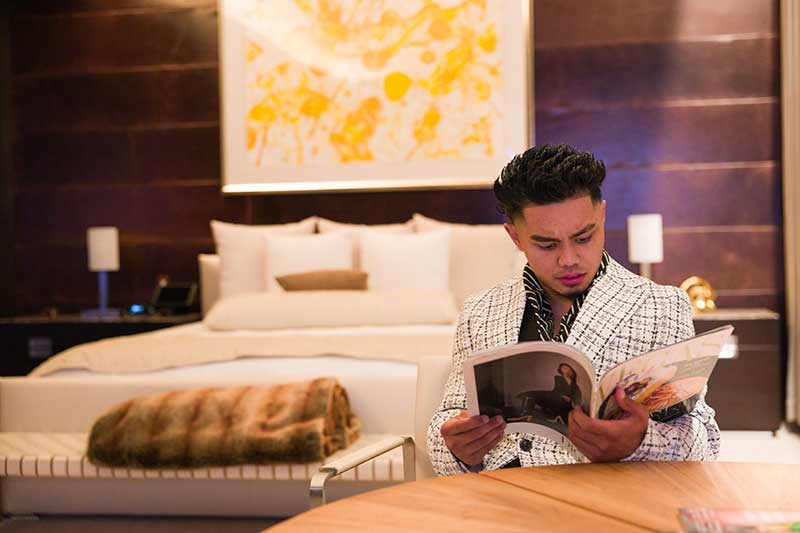 Above: Jerick Padsing was styled by David Tupaz at the presidential suite at Red Rock Casino Resort & Spa. 