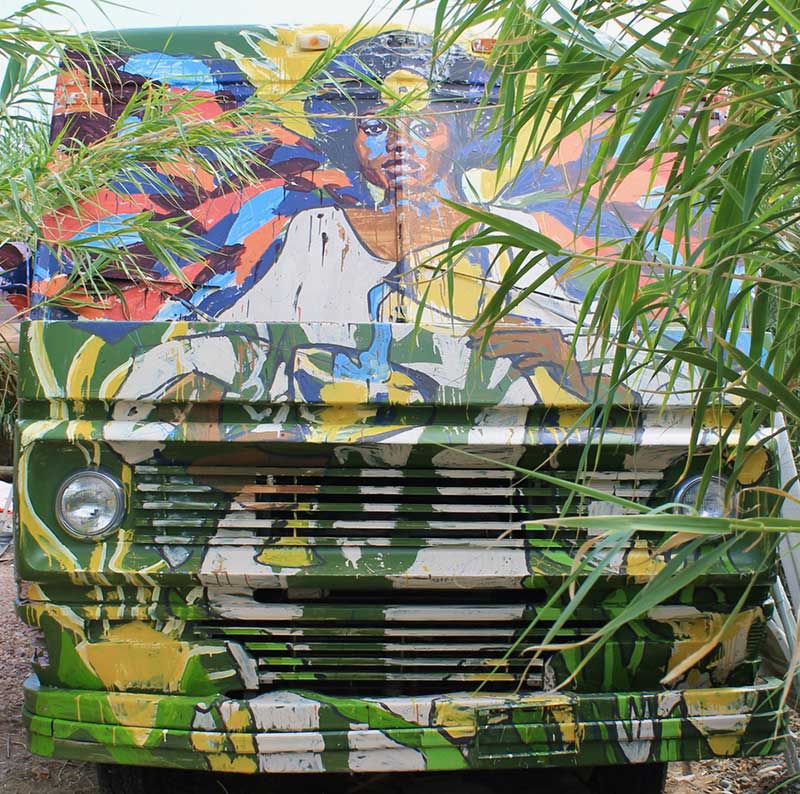 An RV serves as a captivating canvas in Kirsty Nicoll’s mural at Villa Anita, highlighting her talent for transforming unconventional surfaces into stunning art. Photo courtesy of Kirsty Nicoll