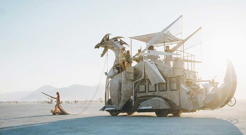 Heavy Meta Dragon, an art car conceived and brought to life by Made on Mars, at Black Rock City, Nevada. Photo by Inna Shnayder