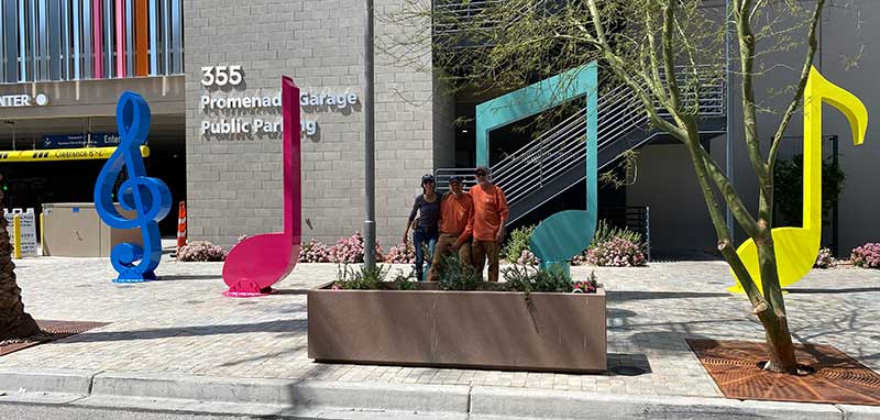 Four metal sculpture composition titled “Larger than Life” commissioned by the City of Las Vegas for Symphony Park. Each sculpture stands over 11’ tall.