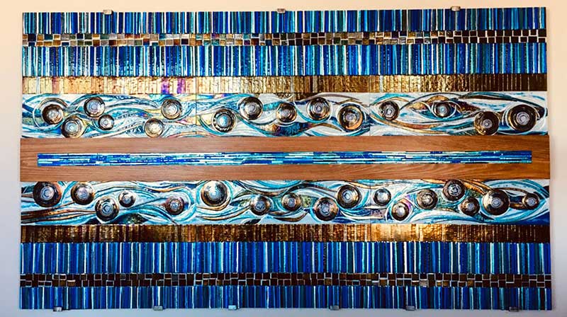 Glass and wood panel composition titled “Tranquility” 120” x 66” created for a Las Vegas residential master bedroom 