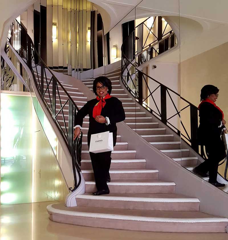 Jewel Hall visiting the CHANEL Boutique at 31 Rue Cambon in Paris