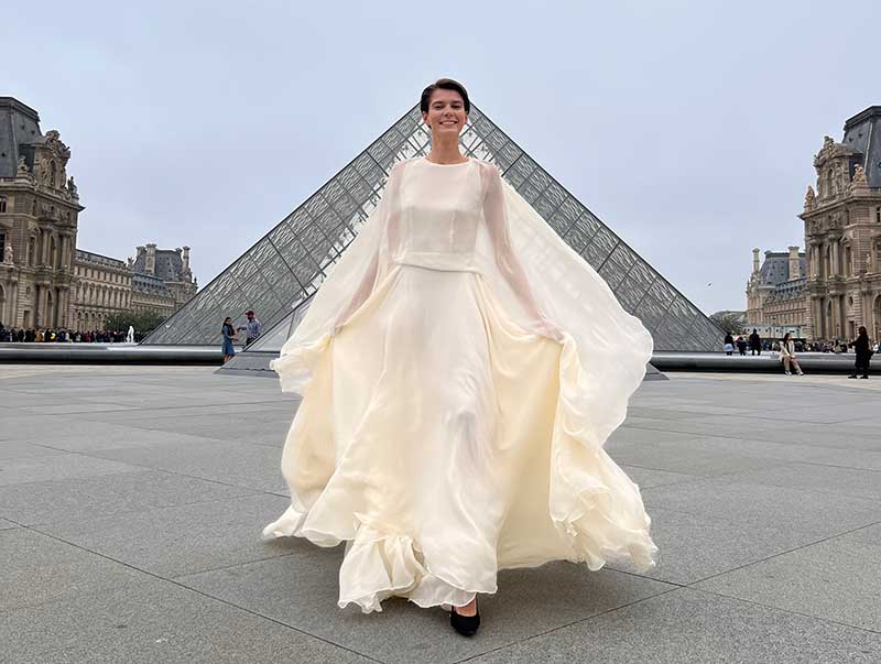 A model showcasing one of Puey Quiñones' couture gowns