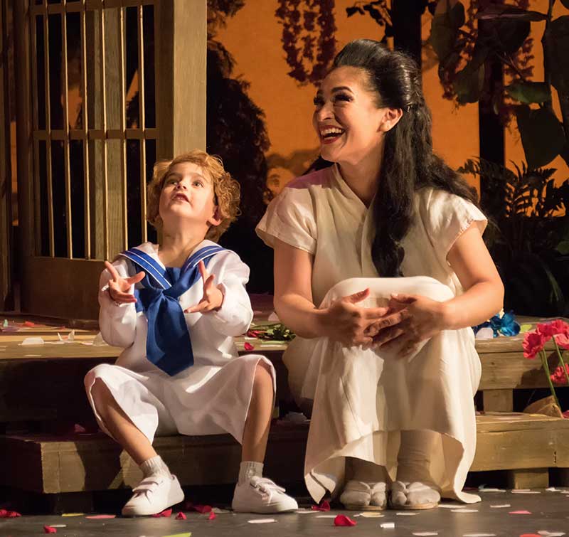 Cecilia as Cio-Cio-San with son, Trouble, in Madama Butterfly at Opera Southwest. Photo by Lance Ozier
