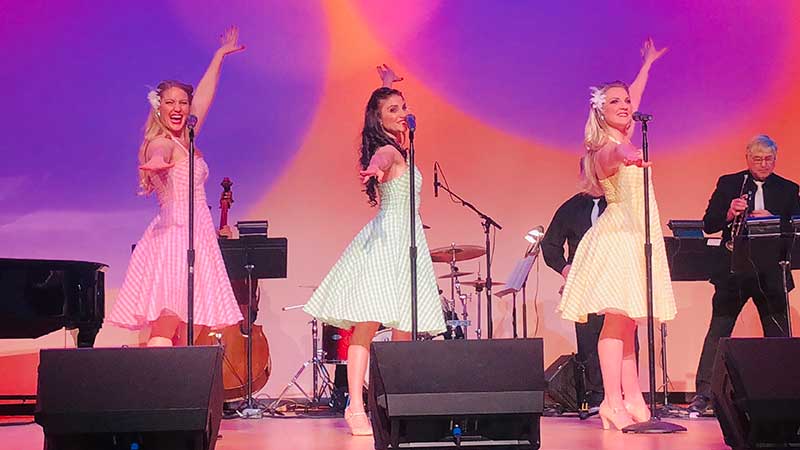 Erin Britt, Jenna Bagatti and Kara Ackley in the first Las Vegas performance at the Summerlin Library in 2017 with the Swing Machine band led by trumpeter Ron Levi. Photo courtesy of The Swing It! Girls