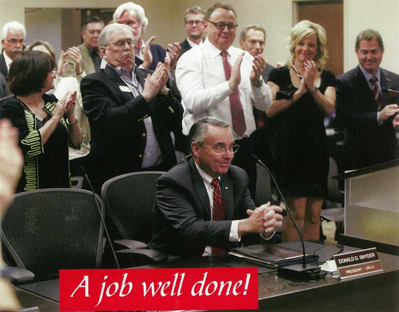 Don's final Board of Regents meeting. His successor was UNLV President Len Jessup (and Kristi Staab) to his far left