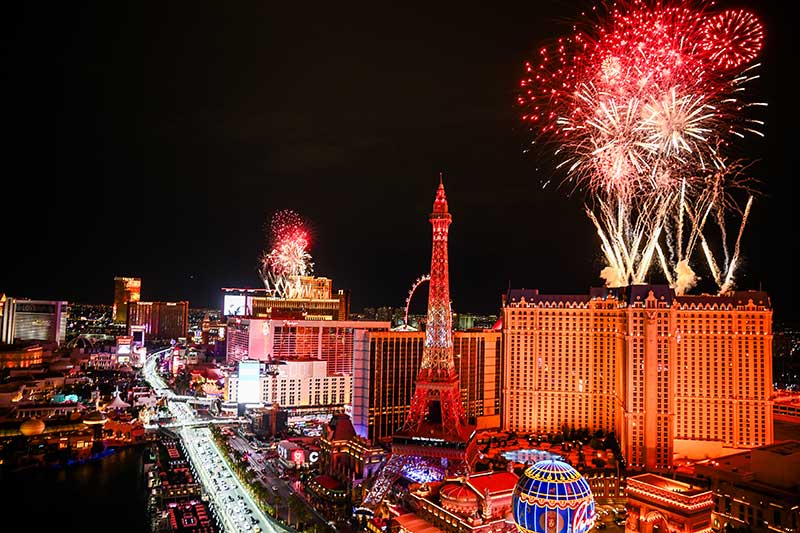A general view of fireworks at the opening ceremony during previews ahead of the F1 Grand Prix of Las Vegas at the Las Vegas Strip Circuit, Nov. 15, 2023 (photo by Clive Mason - Formula 1)