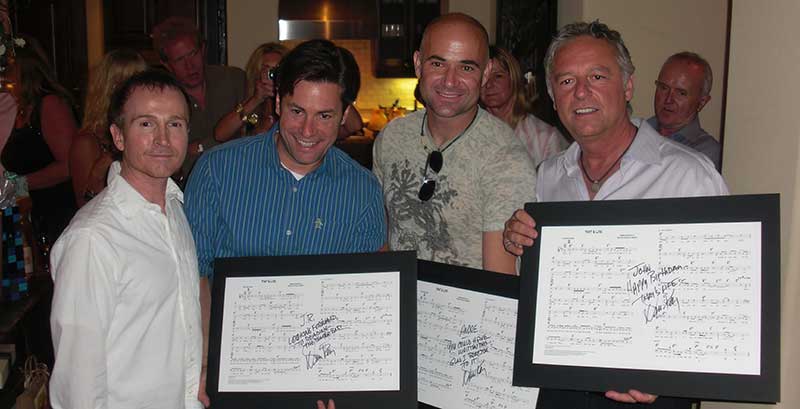 John Parenti celebrates his 50th birthday with close friends: (L-R) Recording artist and TV producer Benny Hester, Pulitzer Prize-winning, best-selling author J. R. Moehringer, tennis star Andre Agassi and John Parenti