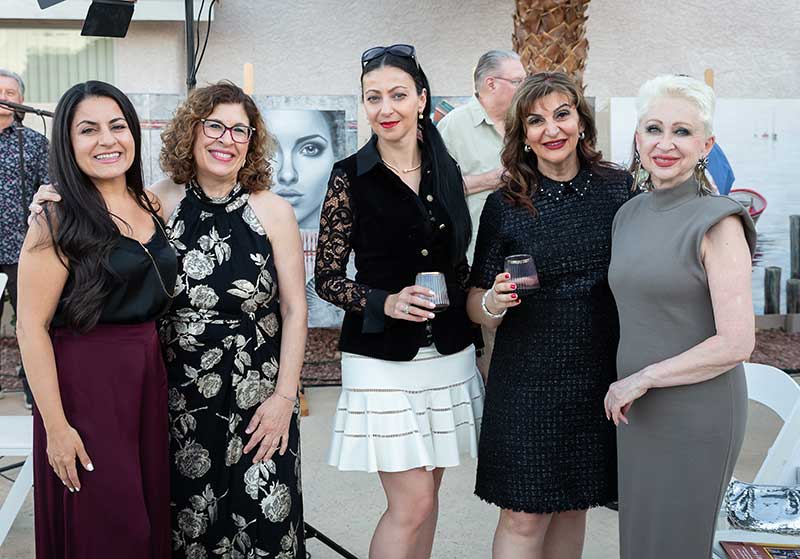 Guests Ava Mucikyan, Inga Parunian, Dr. Ati Hakimi and Zhanna Killian enjoy a convivial cocktail hour with Desert Roots Rising Stars founder Shakeh Ghoukasian