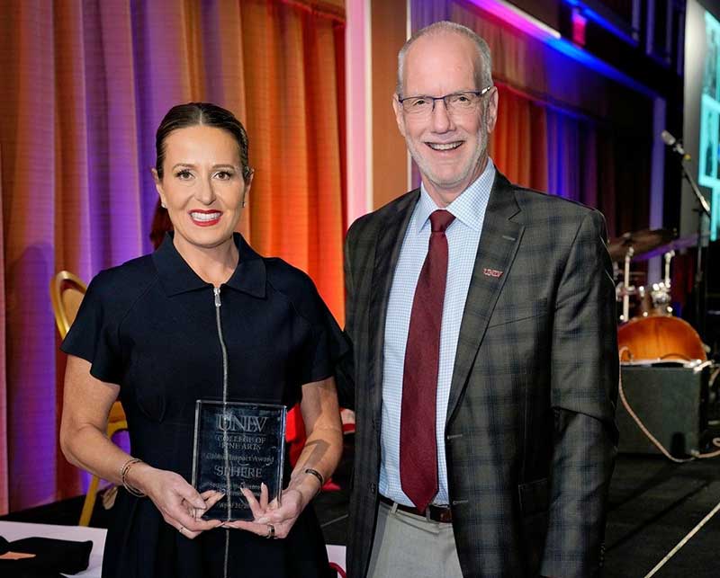 The UNLV Fine Arts Global Impact Award presented to Sphere, accepted by Jennifer Koester, president and chief operating officer