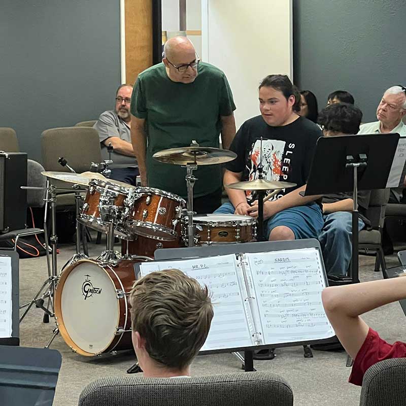 “Jammin’ with JOI” summer camp with John Abraham as he mentors a drum student “Jammin’ with JOI” summer camp with John Abraham as he mentors a drum student