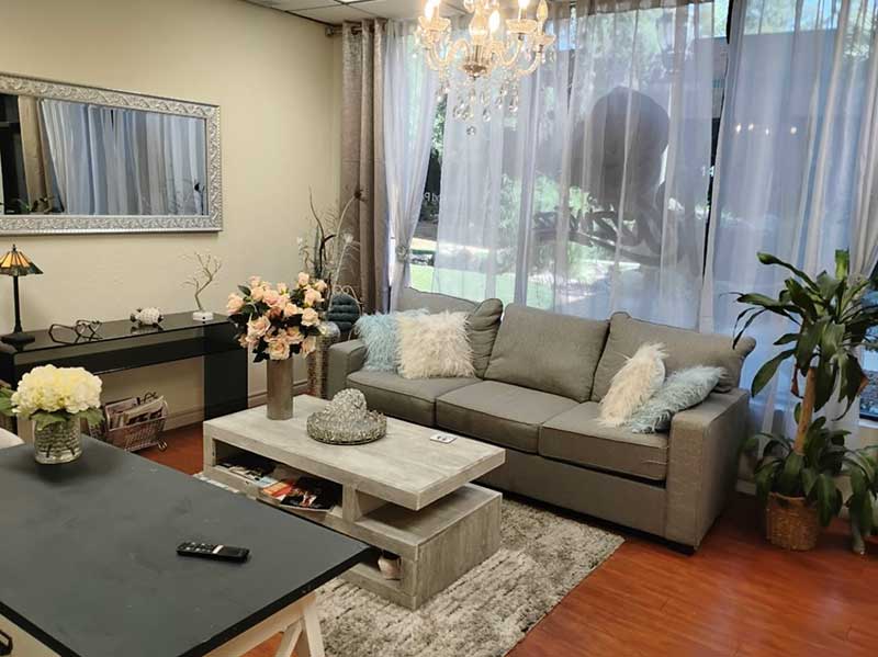 The lounge at Razzmatazz Salon, Studio & Spa, where clients relax before receiving their services
